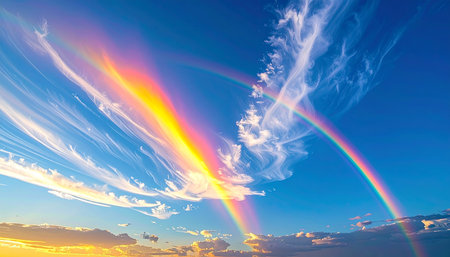 Rainbow in the blue sky with white clouds and rays of lightの素材