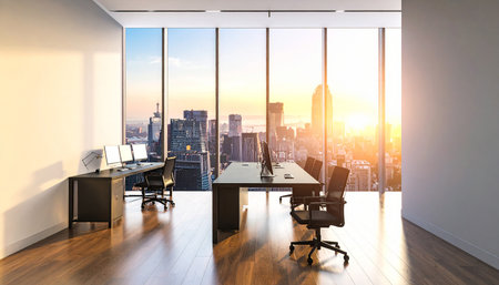 Modern office interior with city view and daylight. 3D Renderingの素材