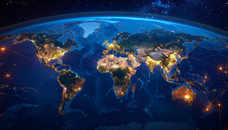 Map of the USA on planet Earth at night with visible country borders and city lights. 3D illustration.の素材