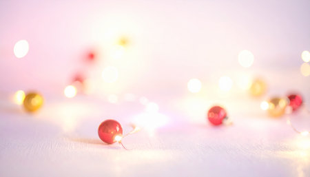 Christmas background with bokeh lights and red and gold balls.の素材