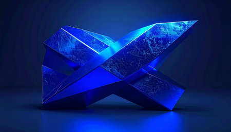 Abstract blue 3d rendering of low poly geometric shape on dark backgroundの素材