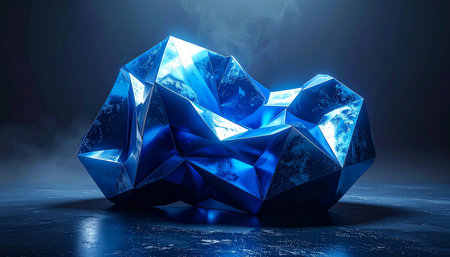 Abstract 3d rendering of blue crystal object with smoke on dark backgroundの素材