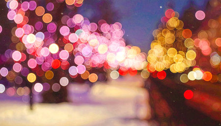 Abstract circular bokeh background of Christmaslight and snow covered roadの素材