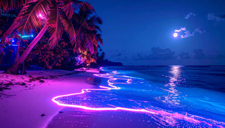 Beautiful night view of the beach with palm trees and purple neon lightの素材