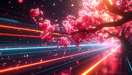 Cherry blossoms in the night city. 3D rendering.の素材