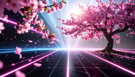 Cherry blossoms in full bloom in a futuristic landscape. 3D renderingの素材
