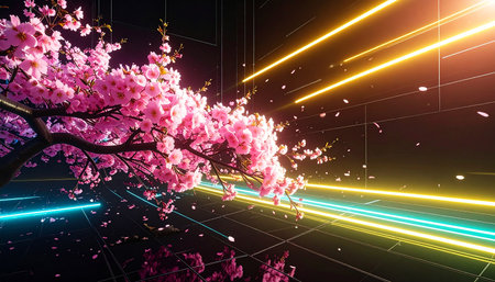 Cherry blossoms in full bloom with neon light. 3D renderingの素材