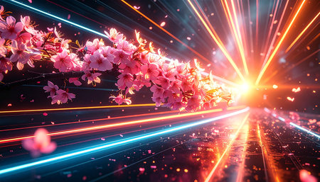 Cherry blossoms in full bloom in the night. 3D renderingの素材