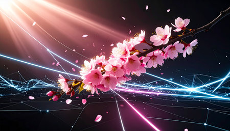 Cherry blossoms on black background with rays of light. 3D renderingの素材