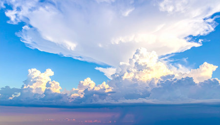 Blue sky background with tiny clouds. Cumulus white clouds in the blue sky.の素材
