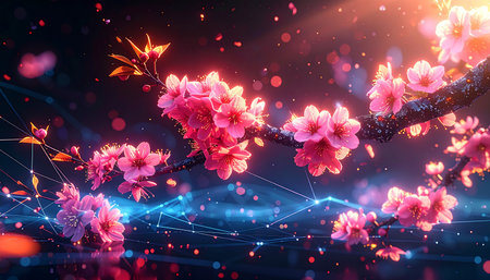 Beautiful pink sakura flowers on a dark background. 3d renderingの素材