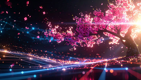 Beautiful cherry blossom tree on the road at night. 3D renderingの素材