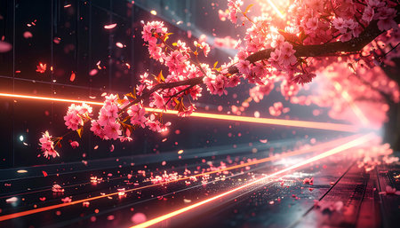 Sakura flowers blooming in the city at night. Cherry blossom.の素材