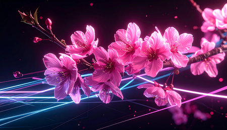 cherry blossom sakura flowers on black background with neon lightsの素材