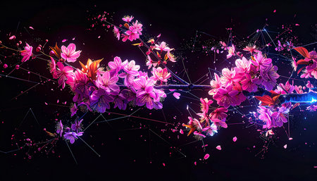 Beautiful blooming sakura branch on black background. Cherry blossomの素材