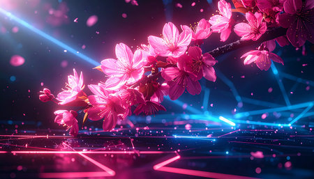 Cherry blossoms on a dark background. 3d rendering.の素材