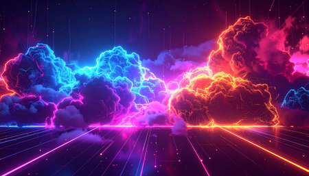 Futuristic cloud background with neon lights. 3d rendering.の素材