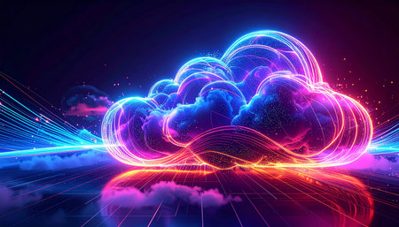 Futuristic abstract background with neon lights and clouds. 3d renderingの素材