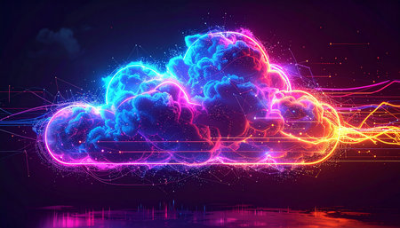 Abstract cloud with neon lights on dark background. 3D Renderingの素材