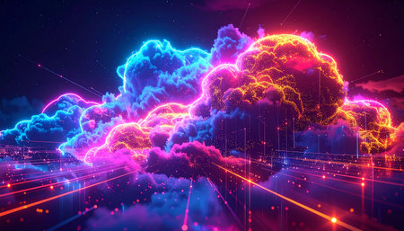 3D illustration of a futuristic cloud with neon lights in the night skyの素材