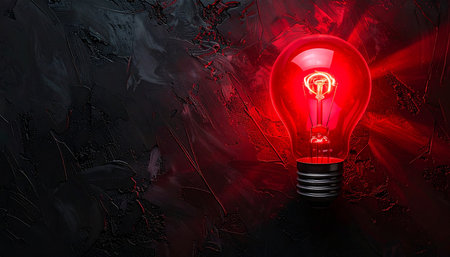 Glowing red light bulb on dark textured background. 3D renderingの素材