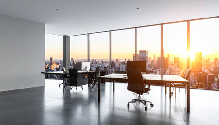 Modern office interior with panoramic city view and sunlight. 3D Renderingの素材