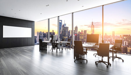 Modern office interior with city view and mock up poster. 3D Renderingの素材