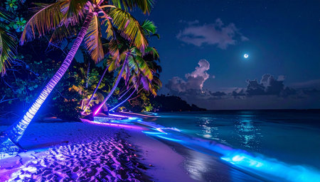Tropical beach at night with palm trees and purple neon lightsの素材