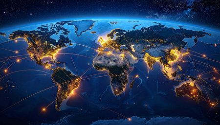 North America from space on planet Earth with network representing international communication, travel and connections. 3D illustration.の素材