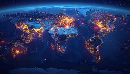 Europe from space on planet Earth at night with network connections. Concept of international communication, technology and travel. 3D illustration.の素材