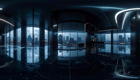 Reflection of the city in a glass corridor. 3d renderingの素材