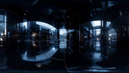 3D rendering of a futuristic city with glass walls and glowing lightsの素材