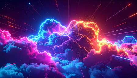 3D illustration of a beautiful abstract background with bright lightning and cloudの素材