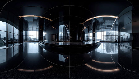 3d rendering of modern office interior with glass walls and reflective floorの素材