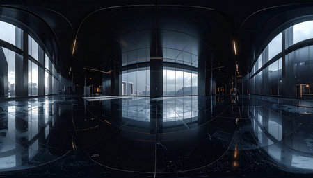 3D rendering of a futuristic interior with a glass wall and floorの素材