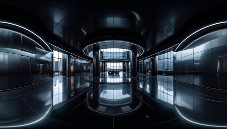3D render of a futuristic corridor in an office building with glass wallsの素材