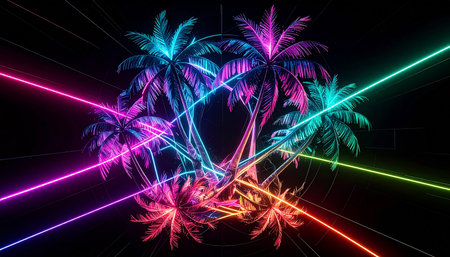 Tropical palm trees with colorful neon lights, 3d renderの素材