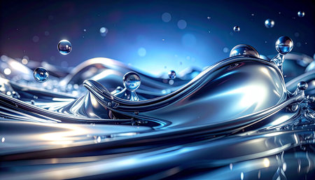 3d rendering of abstract metallic background with waves and water drops.の素材