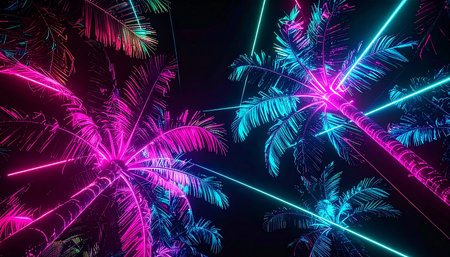 Tropical palm trees with glowing neon lines. 3d renderingの素材