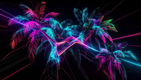 Tropical palm trees with neon lights on black background. 3D renderingの素材