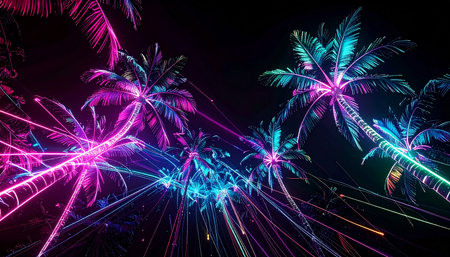Palm trees in the night with colorful light trails. 3d renderingの素材