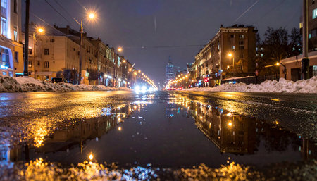 Night city street with reflections in the puddle. Moscow, Russiaの素材