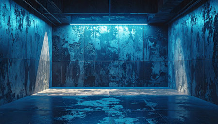 Dark blue empty room with concrete floor and neon light. 3D renderingの素材