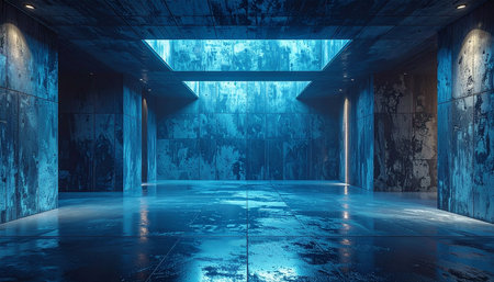 3d render, abstract modern architecture background, empty concrete room with blue wallの素材