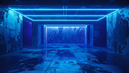 3d rendering. Futuristic dark room with blue neon lights.の素材