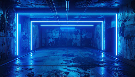 3D rendering of a futuristic corridor with neon lights and reflections.の素材