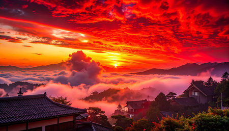 Beautiful sunrise in the morning at Phu Chi Fa, Thailandの素材