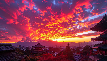 Sunset at the ancient city of Kiyomizu-dera, Kyoto, Japanの素材