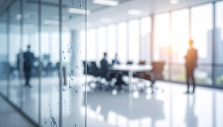 Blurred background of business people walking in modern office with glass wallsの素材