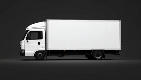 White commercial delivery truck on a gray background. 3d rendering.の素材